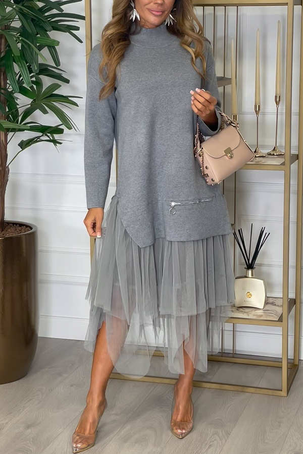 Knit Turtleneck Zip-up Top and Elastic Waist Tulle Loose Midi Skirt Set