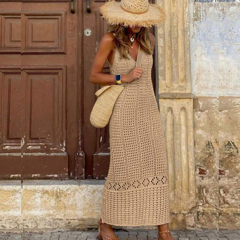 Elegant V-Neck Sleeveless Crochet Knit Maxi Dress