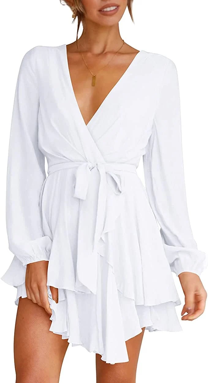 Last Day 49% OFF🔥V-Neck Waist Tie Ruffle Mini Swing Skater Dresses❤️Buy 2 Free Shipping