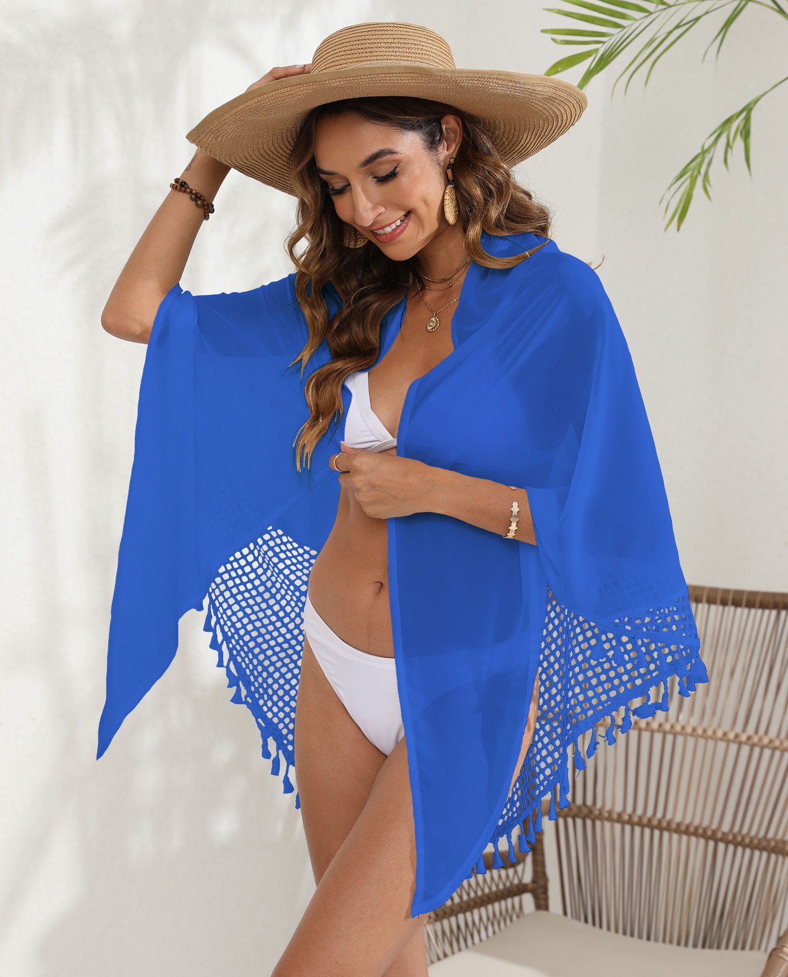 Tassel Trim Mesh Cover-Up Shawl