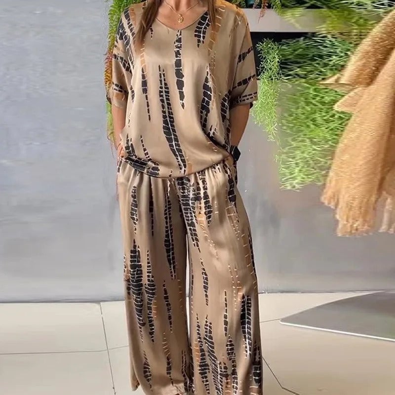 2 Piece Sets For Women Short Sleeve Oversized Blouses Tops Matching Wide Leg Pants