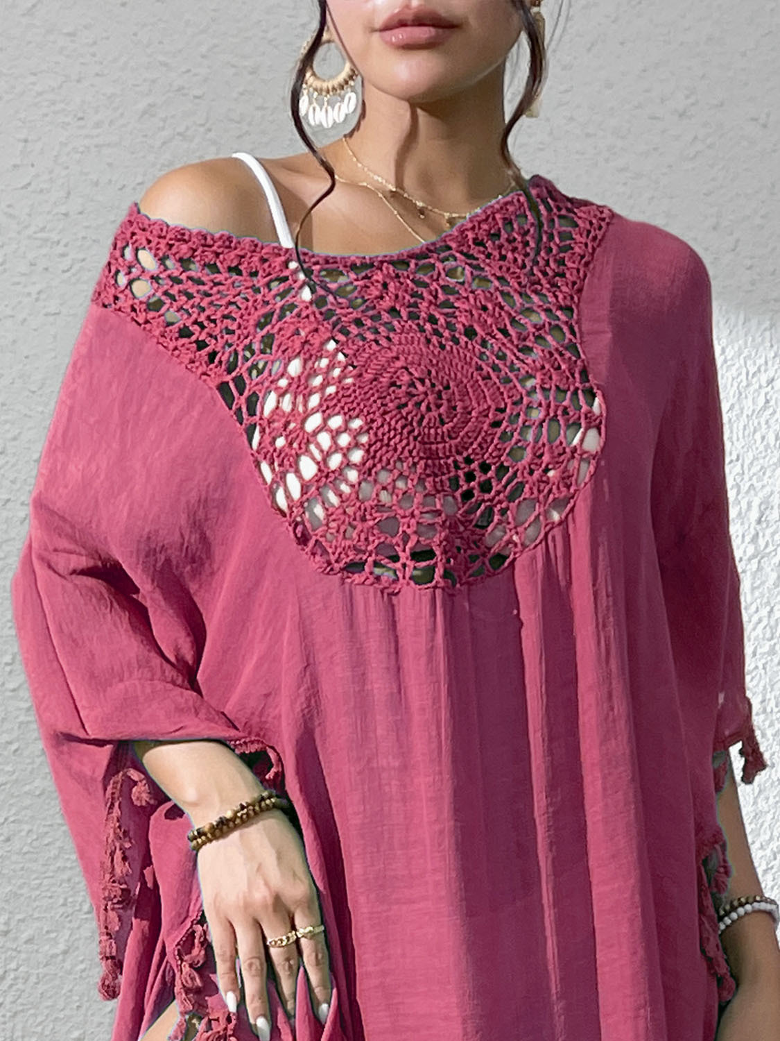 Boho Tassel Trim Crochet Yoke Loose Kaftan Dress