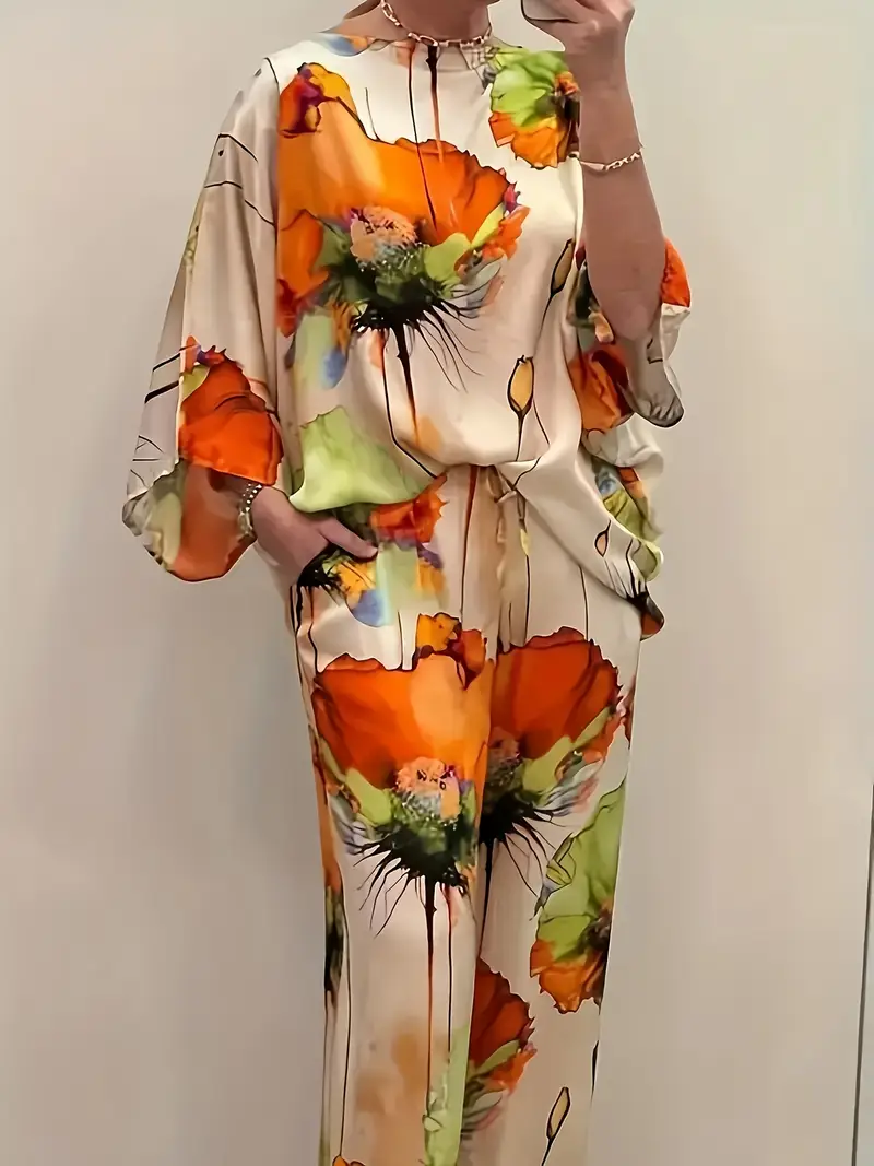 Watercolor Floral Top and Wide Leg Pants Two Piece Set