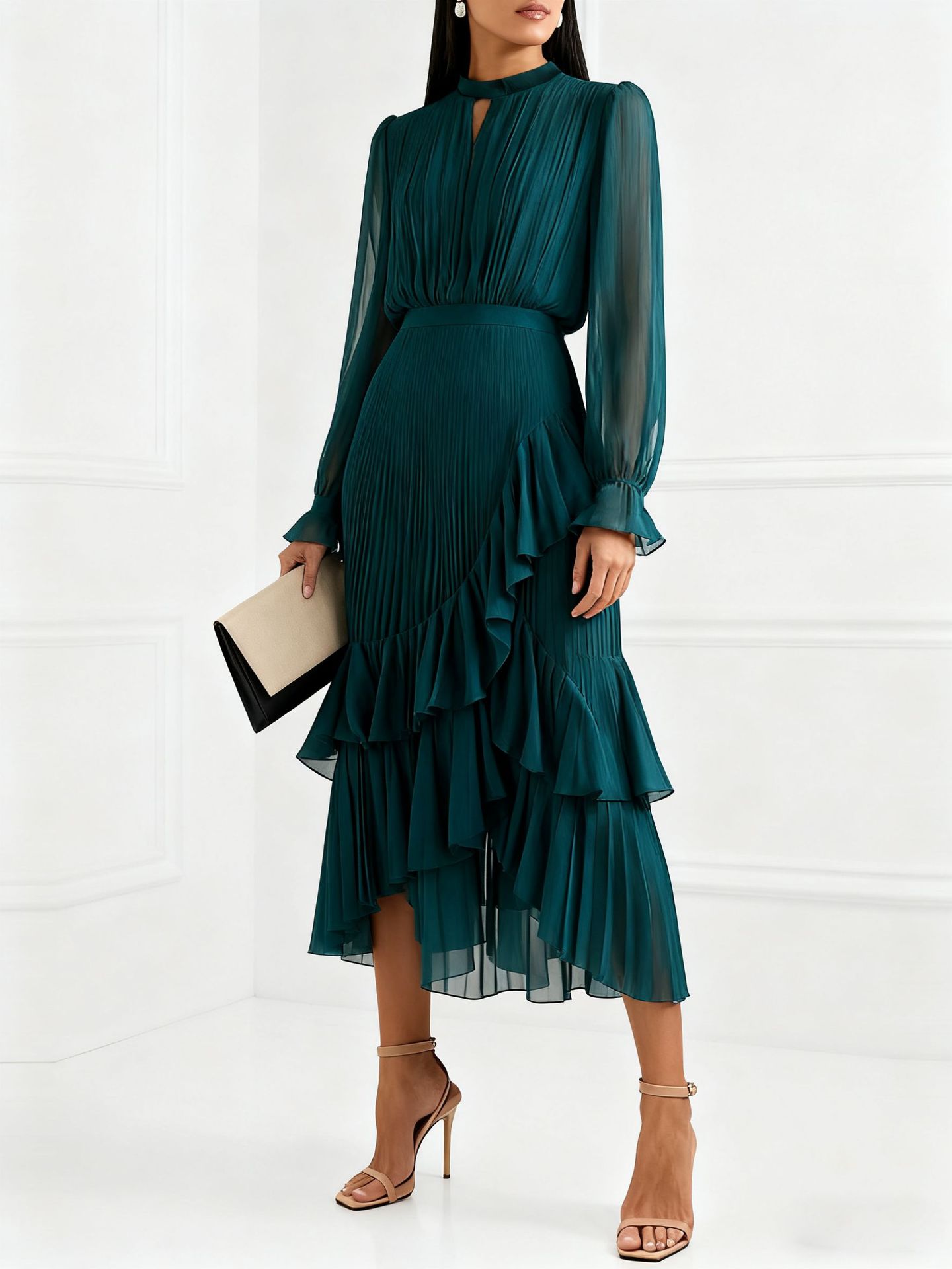 Elegant Pleated Ruffle Asymmetrical Long Sleeve Dress (Buy 2 Free Shipping)