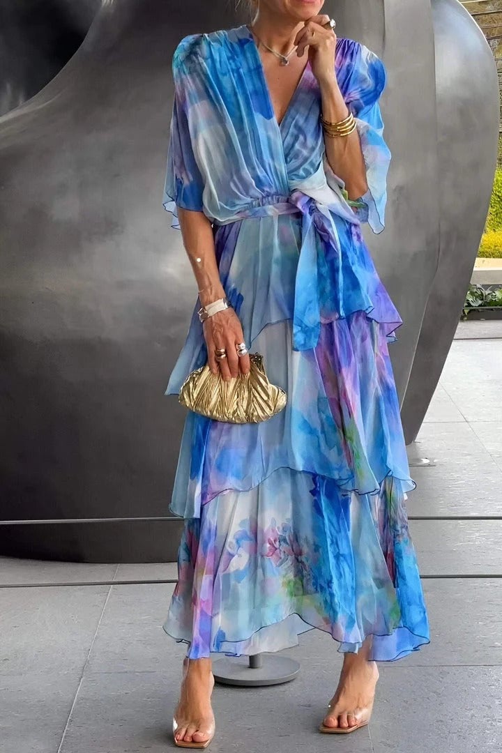Flowy Watercolor V-Neck Tiered Chiffon Maxi Dress (Buy 2 Free Shipping)