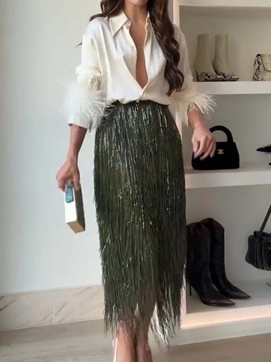 Elegant Tassel Trim Collared Shirt and Fringe Midi Skirt Set (Buy 2 Free Shipping)