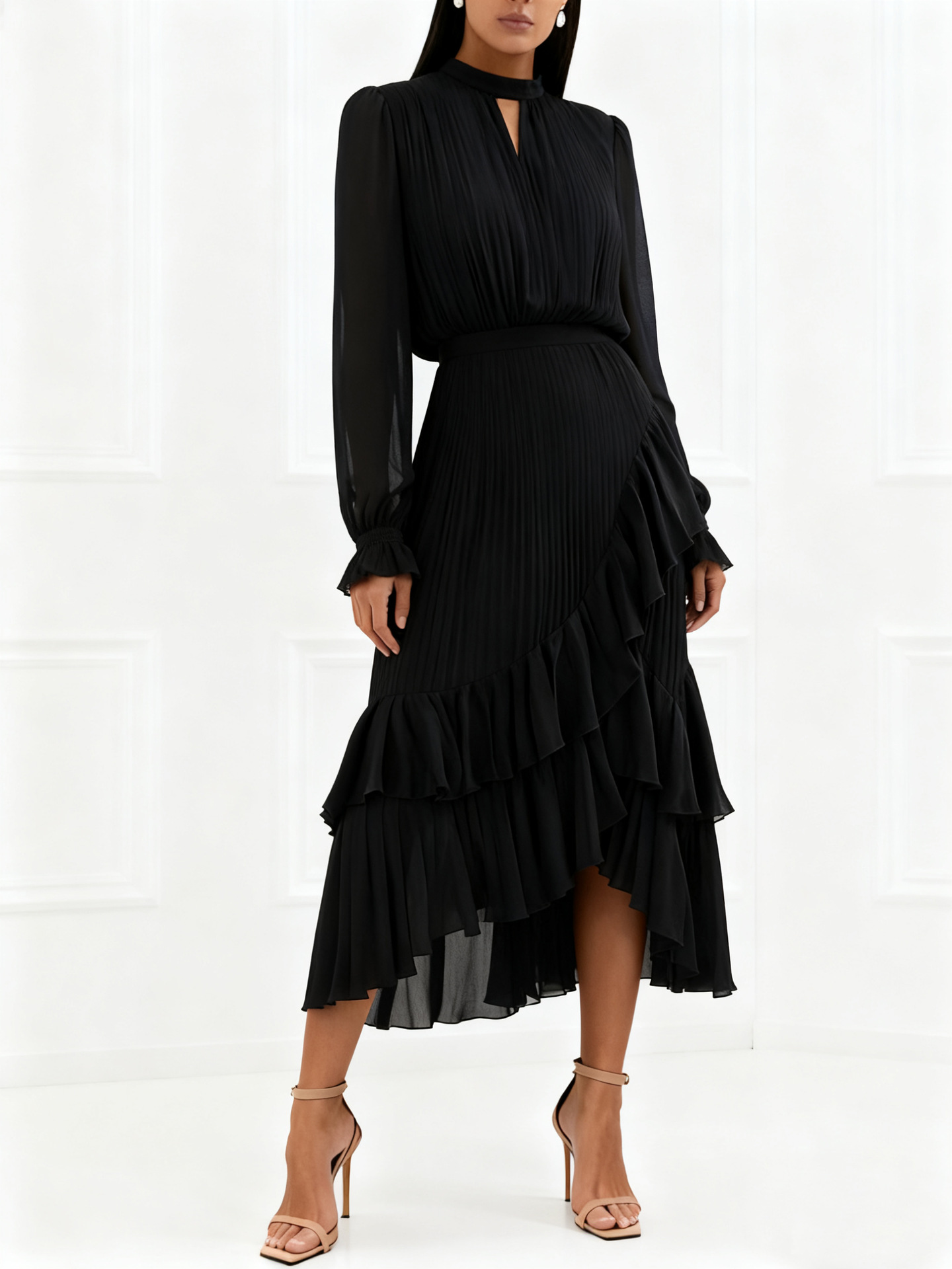 Elegant Pleated Ruffle Asymmetrical Long Sleeve Dress (Buy 2 Free Shipping)
