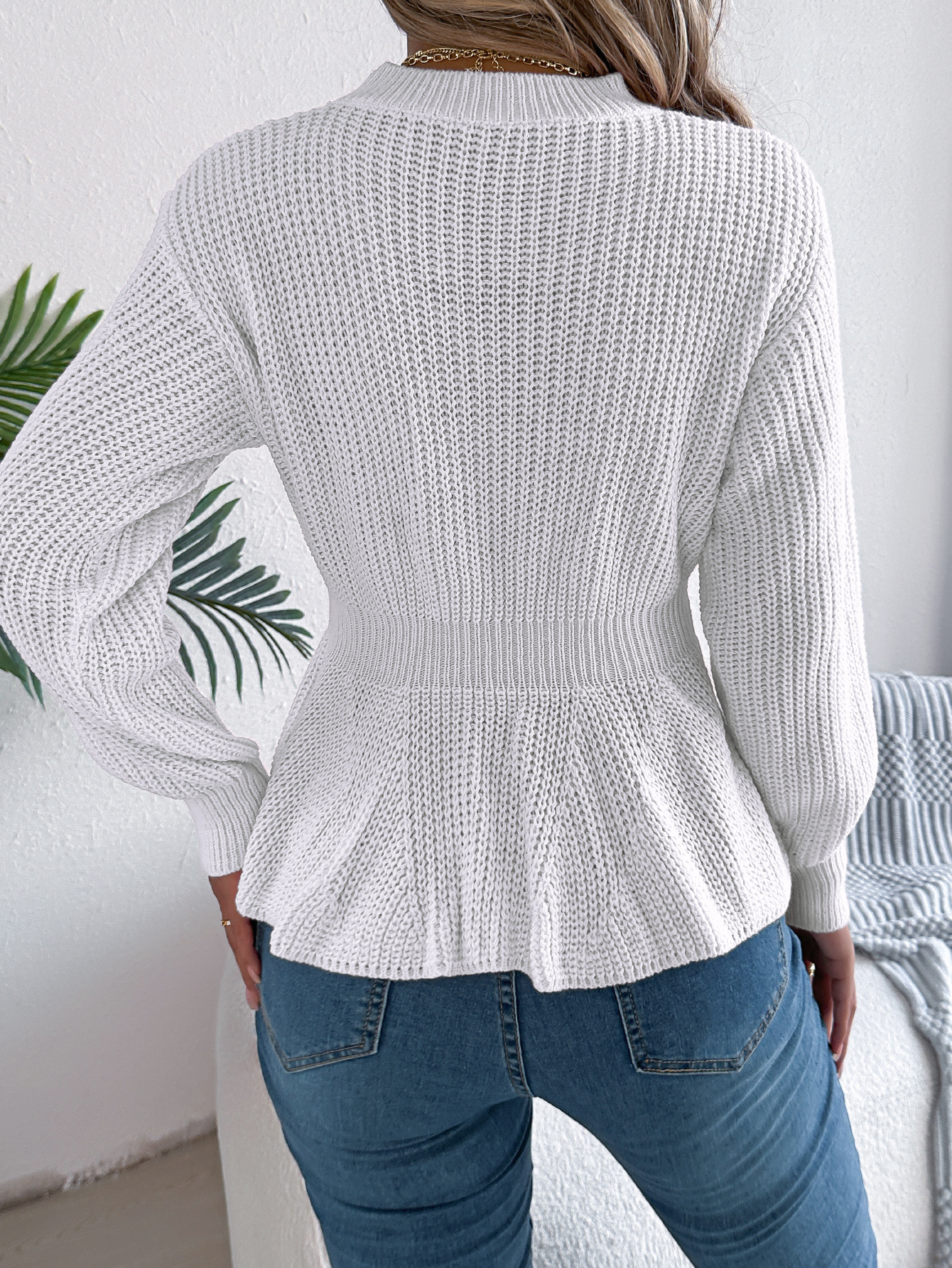 Textured Knit Waist Flare Hem Sweater Top 