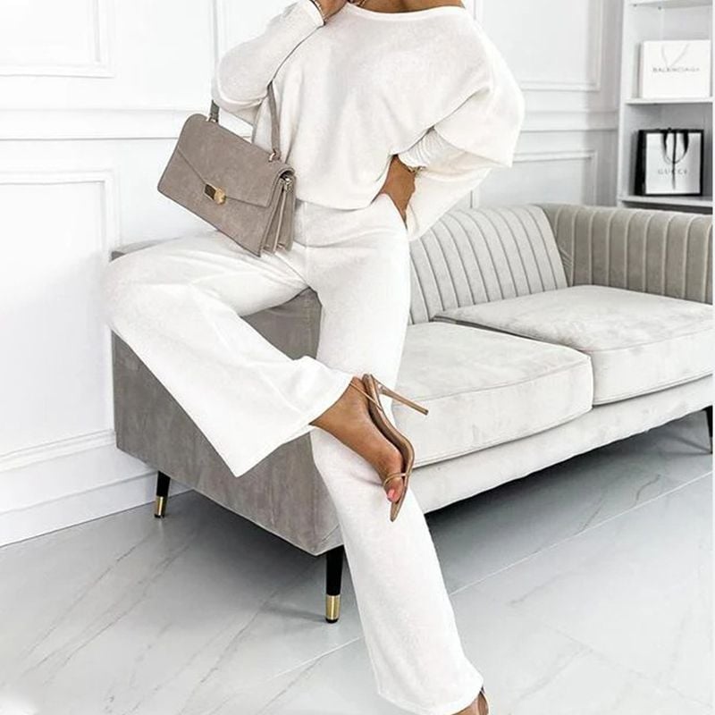 Solid Color Drop Shoulder Pullover and Loose Pants Set (Buy 2 Free Shipping)