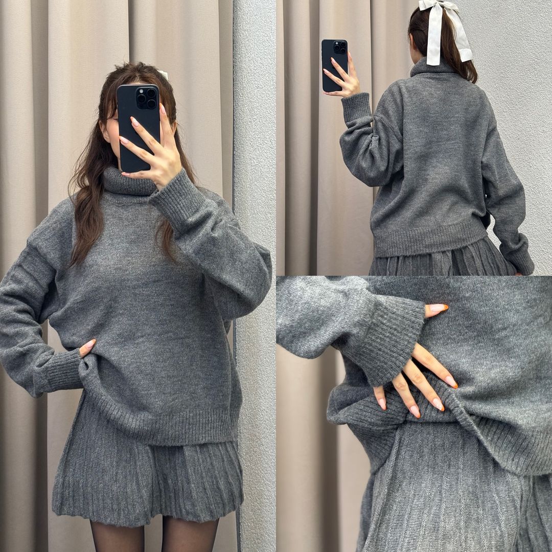 High-Neck Knitted Skirt Suit for Elegant Style(Top + Skirt)