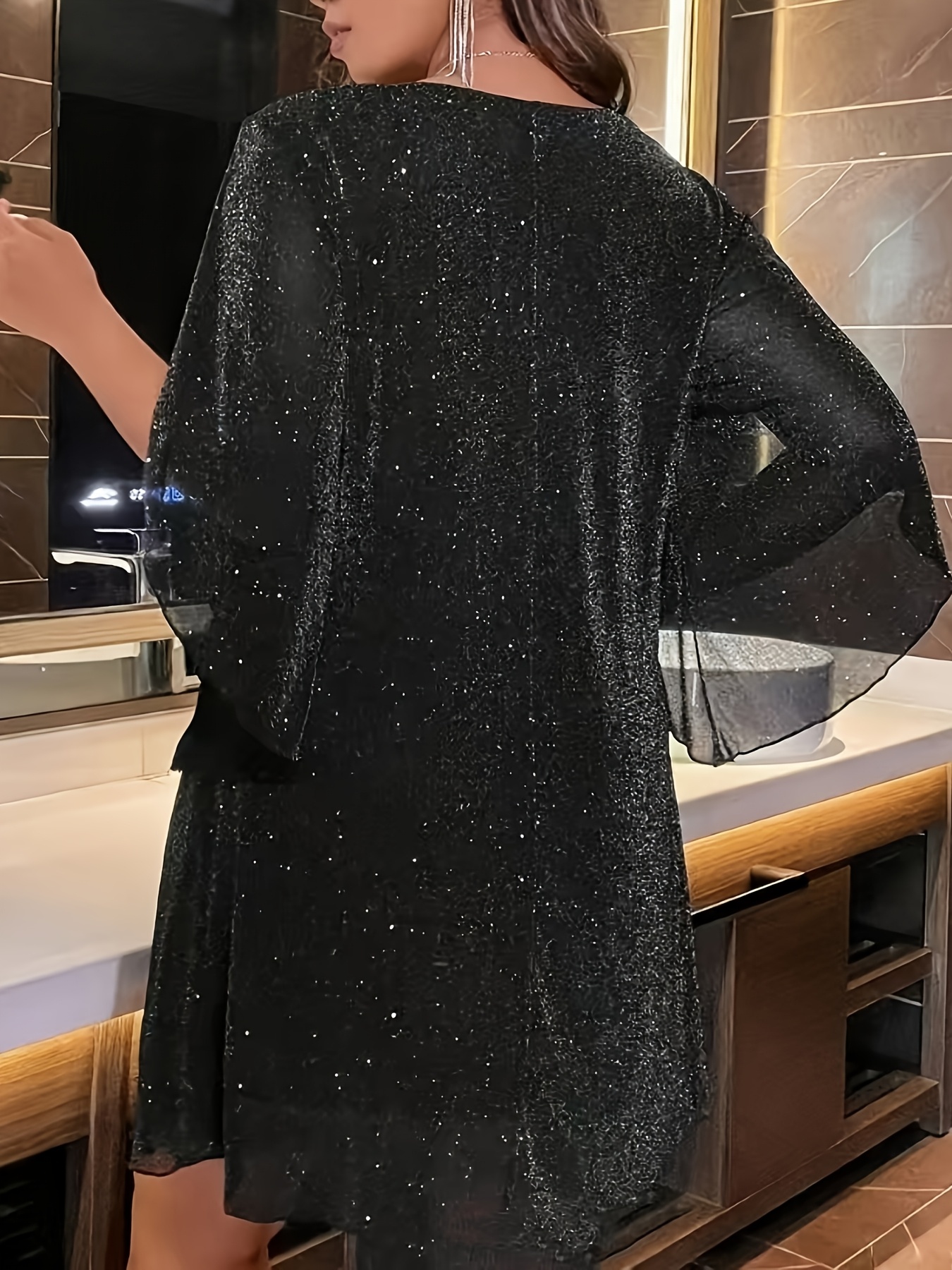 Plus Size Sparkly V-Neck Batwing Sleeve Dress (Buy 2 Free Shipping)