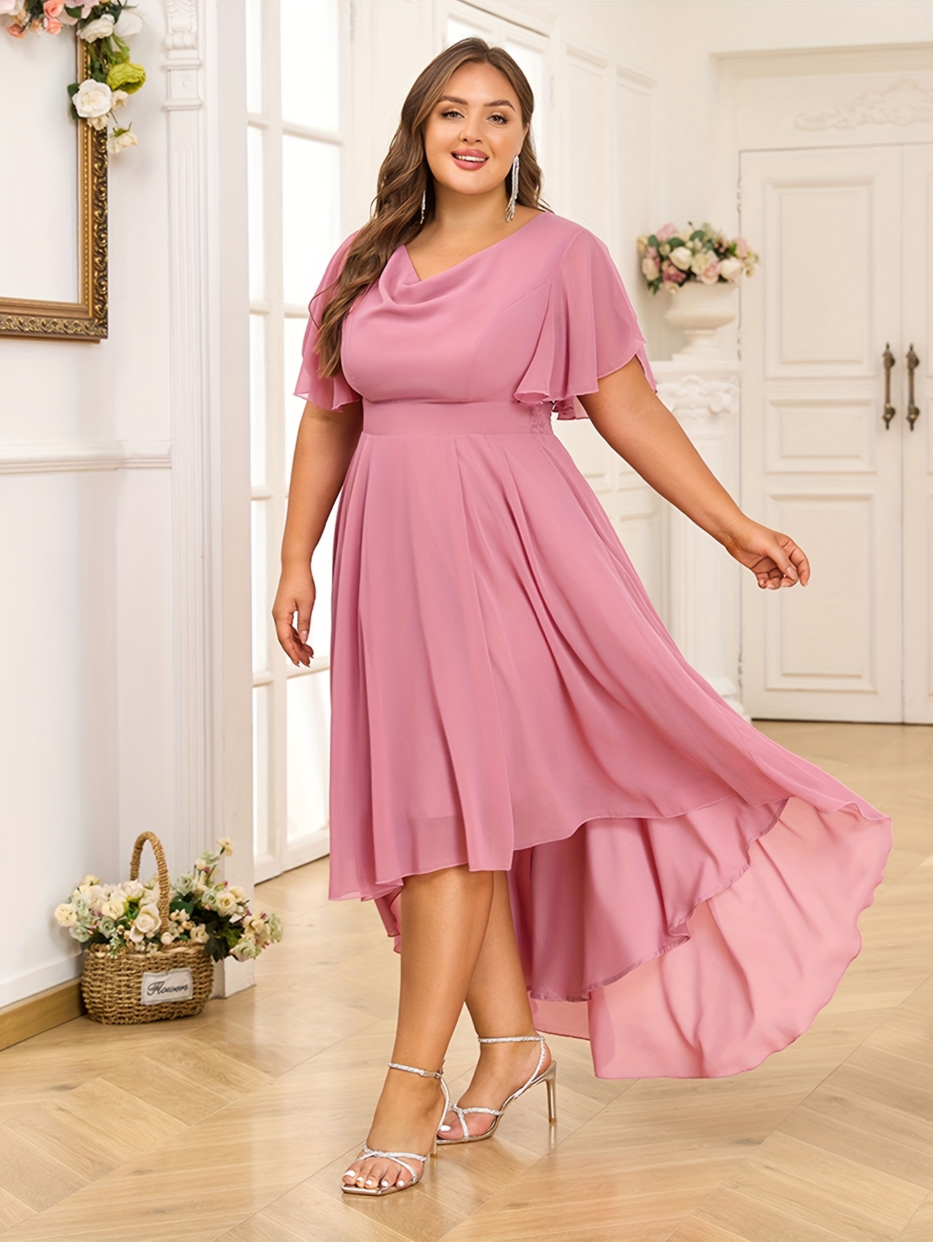 Plus Size Flutter Sleeve High-Low Chiffon Dress (Buy 2 Free Shipping)