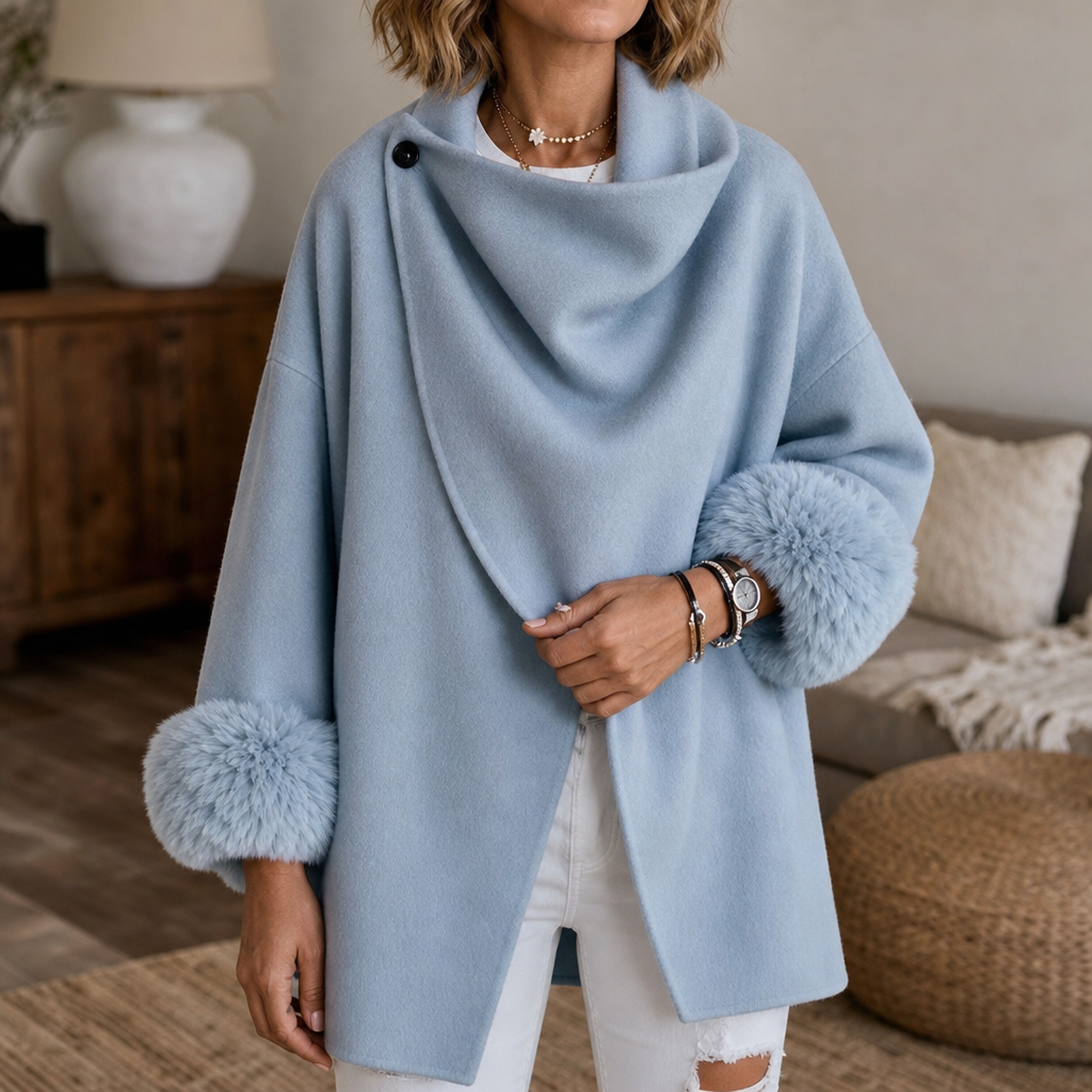 Elegant Faux Fur Cuff Asymmetric Wrap Coat