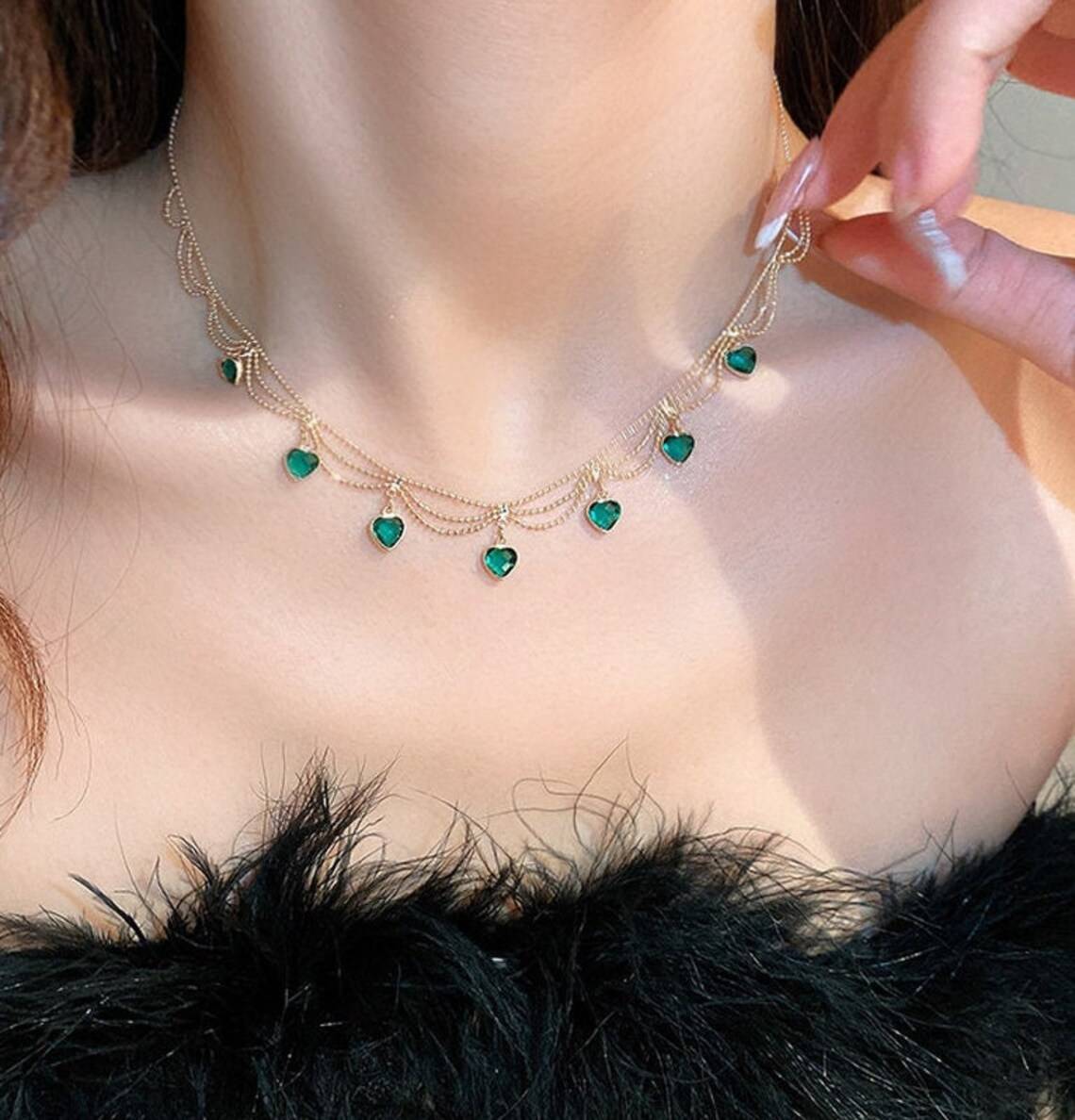 Green Heart Zirconia Pendant Gold Fashion Necklace