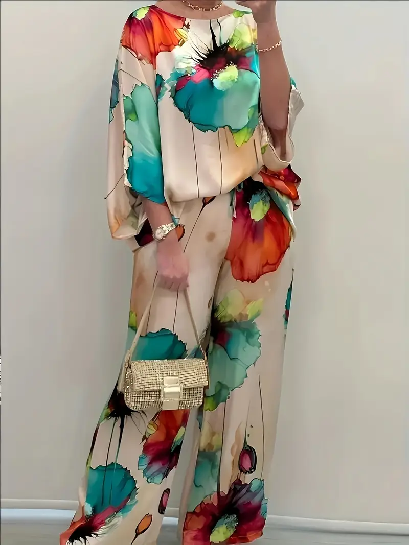 Watercolor Floral Top and Wide Leg Pants Two Piece Set