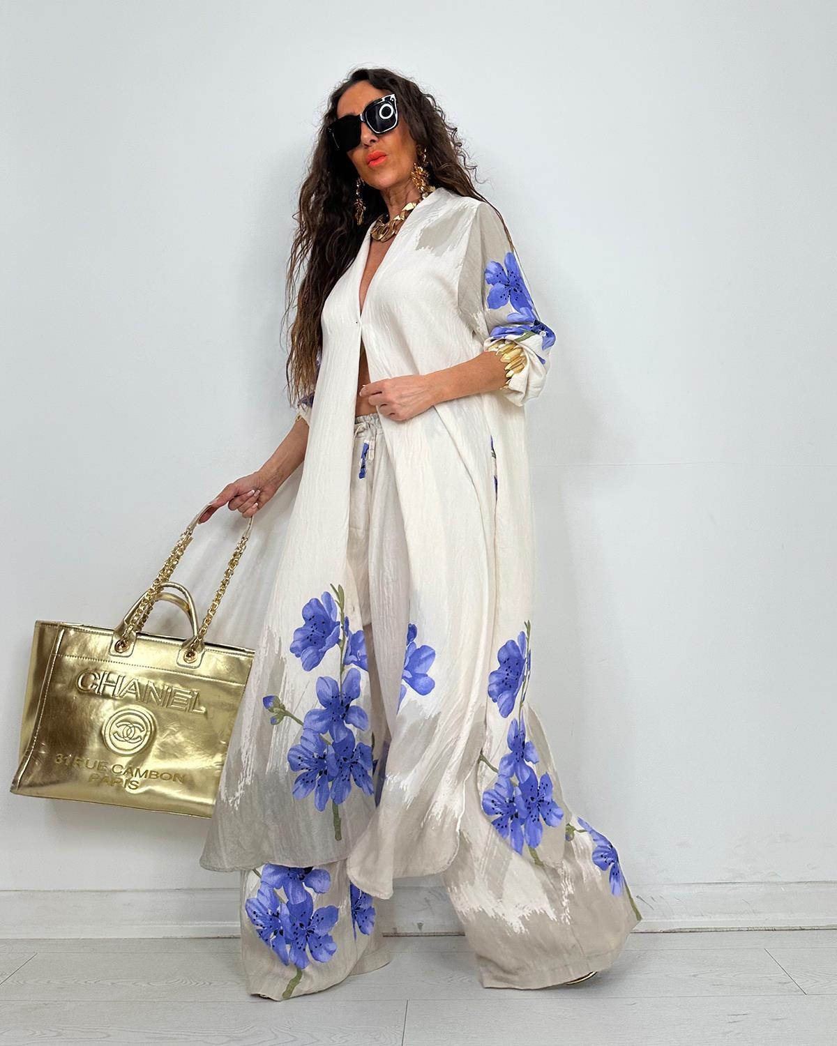 Elegant Watercolor Floral Longline Top Wide Leg Set