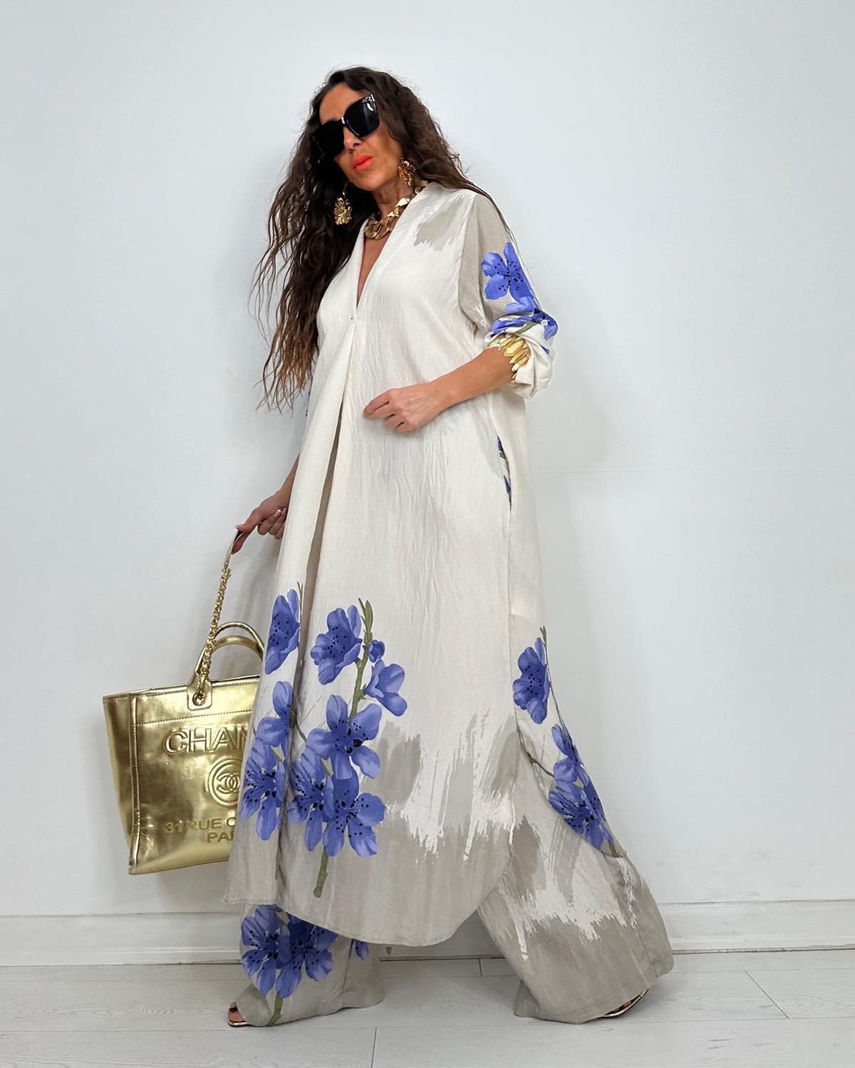 Elegant Watercolor Floral Longline Top Wide Leg Set