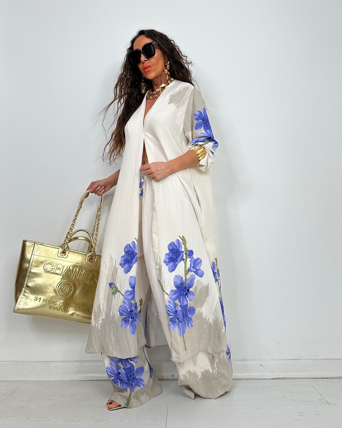 Elegant Watercolor Floral Longline Top Wide Leg Set