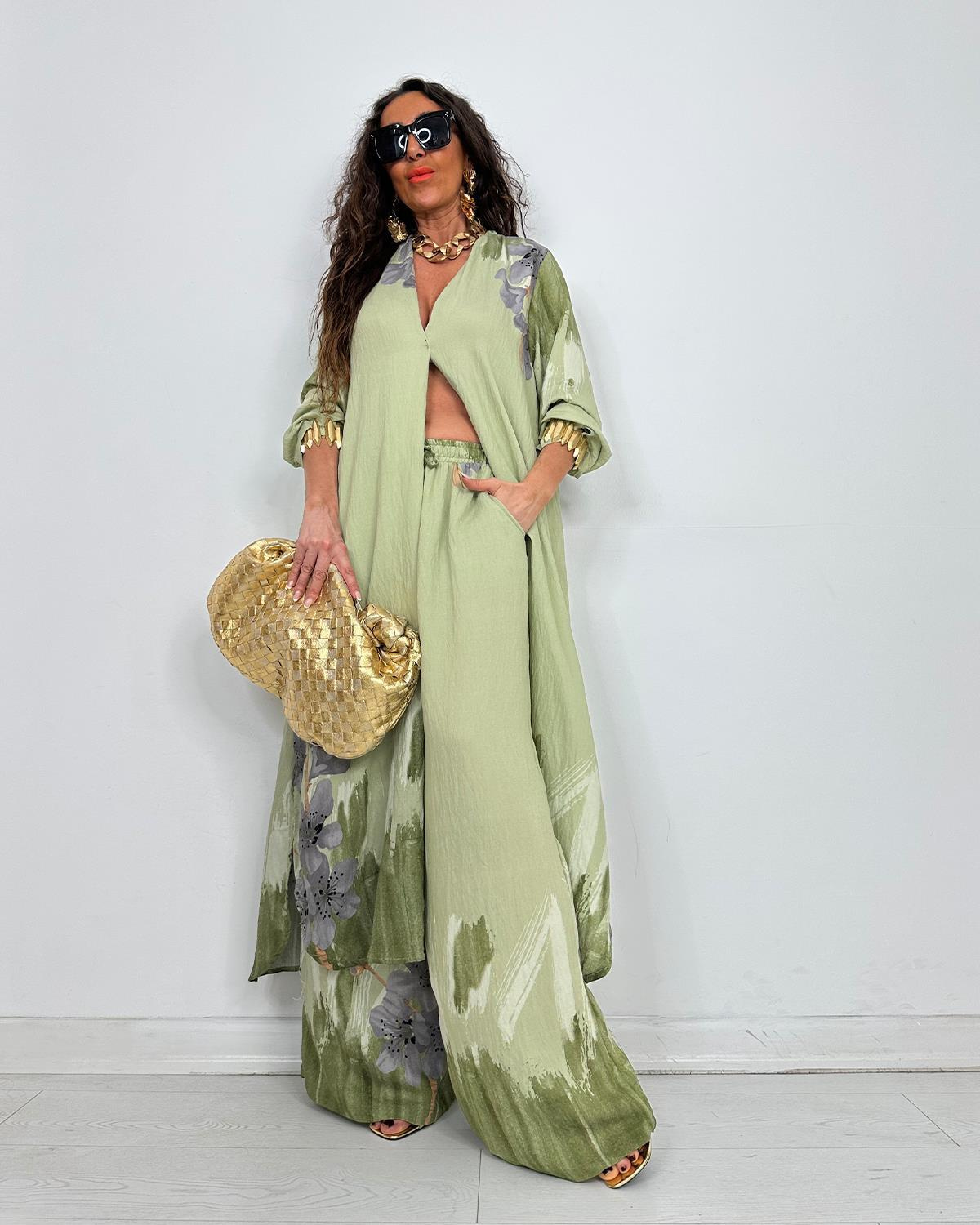 Elegant Watercolor Floral Longline Top Wide Leg Set