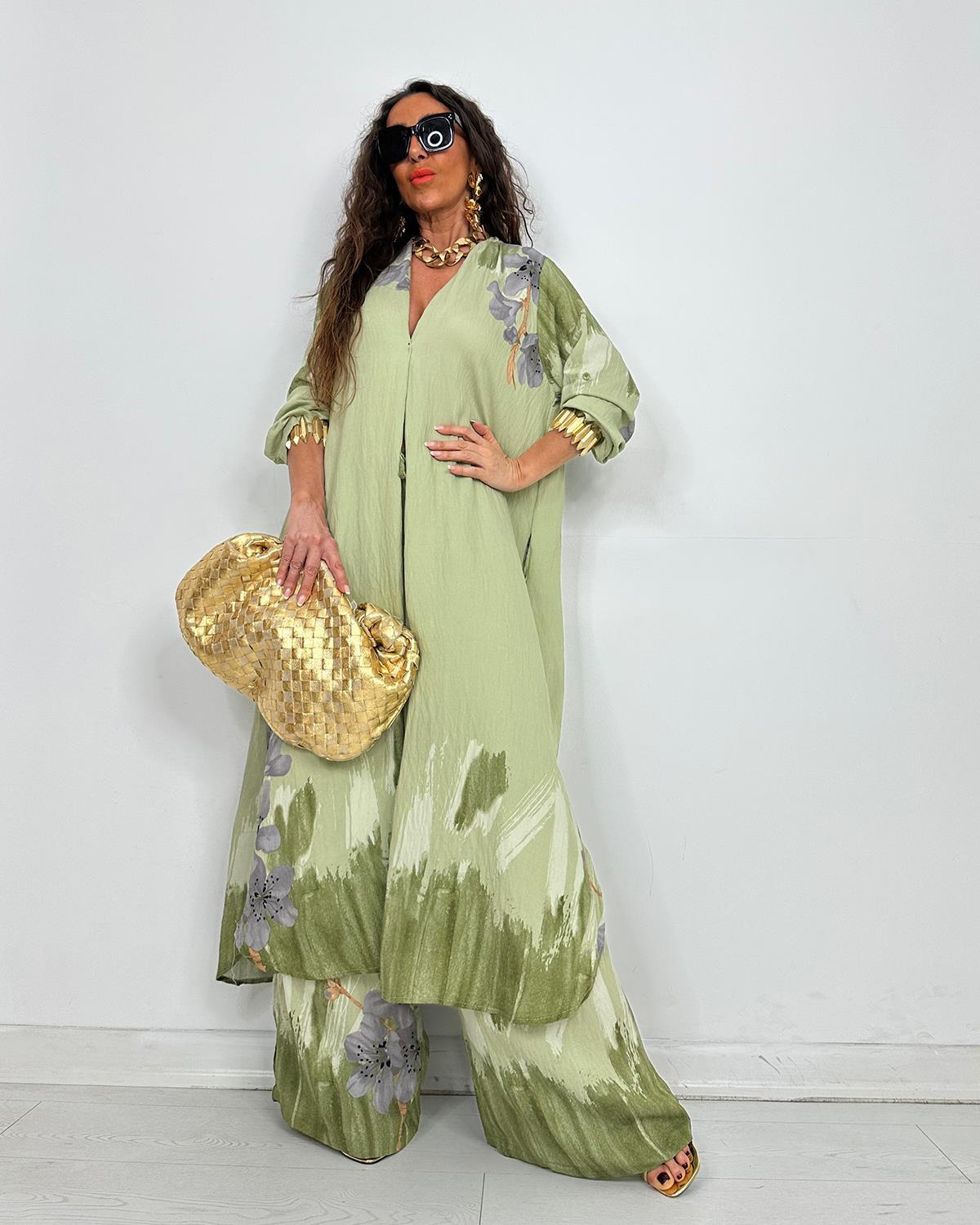 Elegant Watercolor Floral Longline Top Wide Leg Set