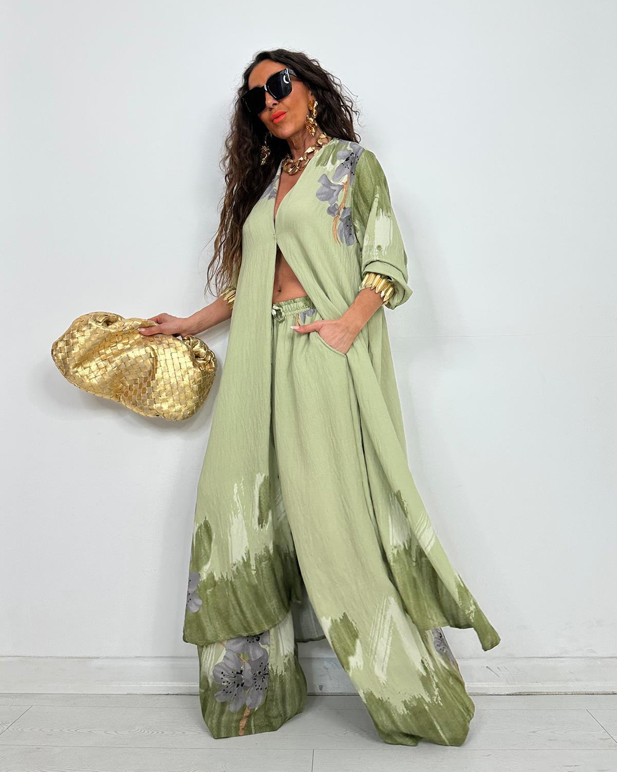 Elegant Watercolor Floral Longline Top Wide Leg Set