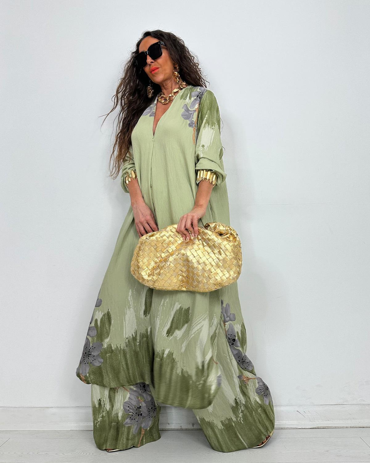 Elegant Watercolor Floral Longline Top Wide Leg Set