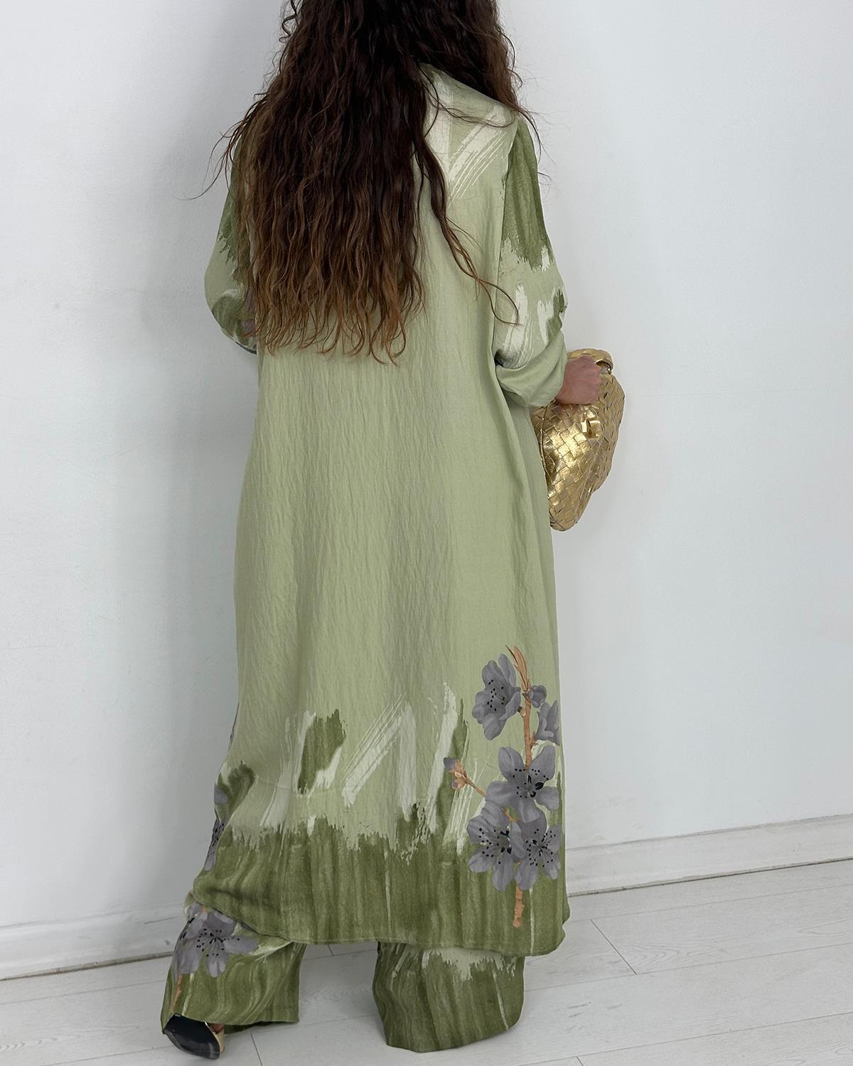 Elegant Watercolor Floral Longline Top Wide Leg Set