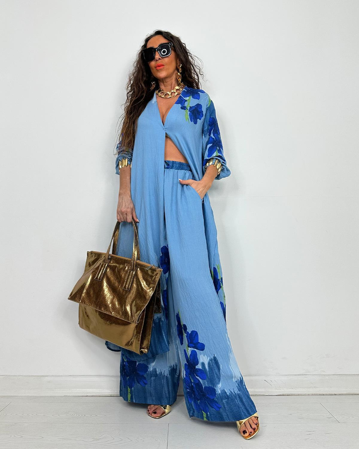 Elegant Watercolor Floral Longline Top Wide Leg Set