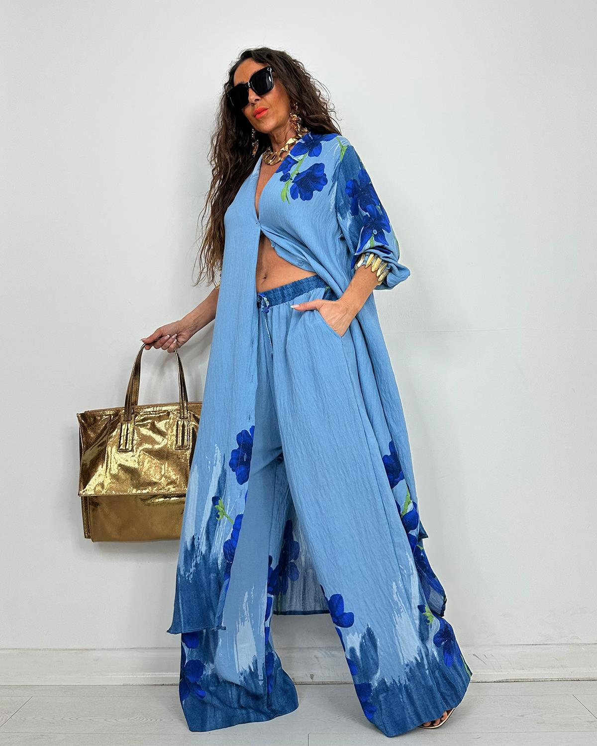 Elegant Watercolor Floral Longline Top Wide Leg Set