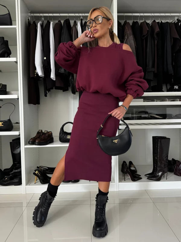 Elegant Two-piece Set (Sweatshirt + Sleeveless Knitted Dress)