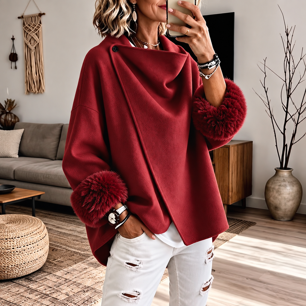 Elegant Faux Fur Cuff Asymmetric Wrap Coat