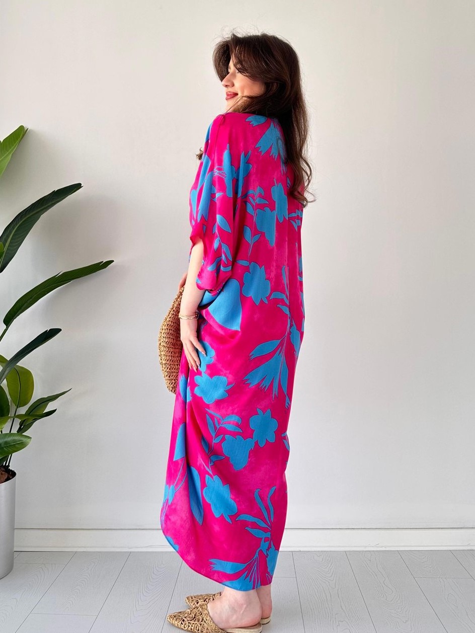 Flowy Tie Front Batwing Sleeve Printed Midi Dress (Buy 2 Free Shipping)