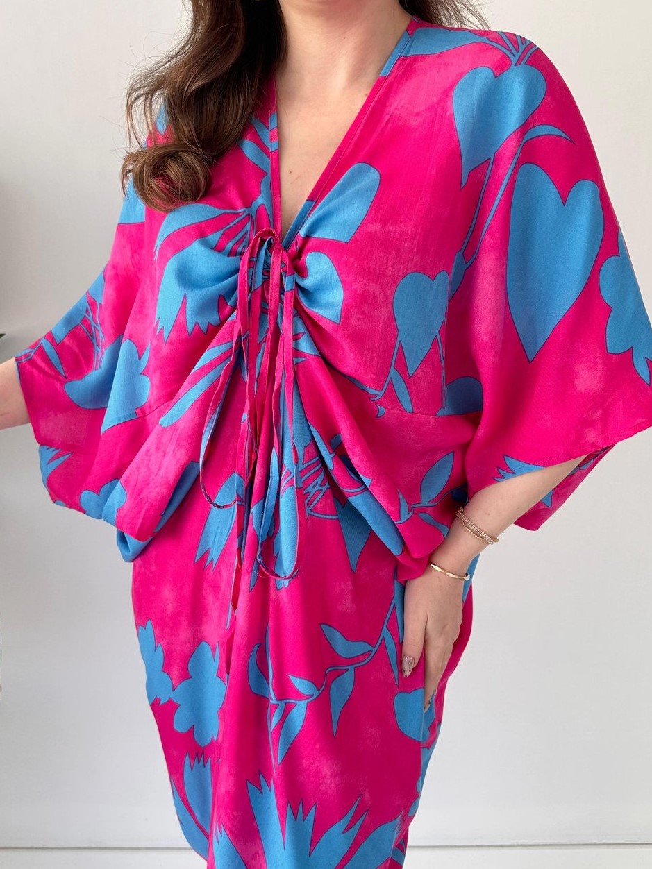 Flowy Tie Front Batwing Sleeve Printed Midi Dress (Buy 2 Free Shipping)