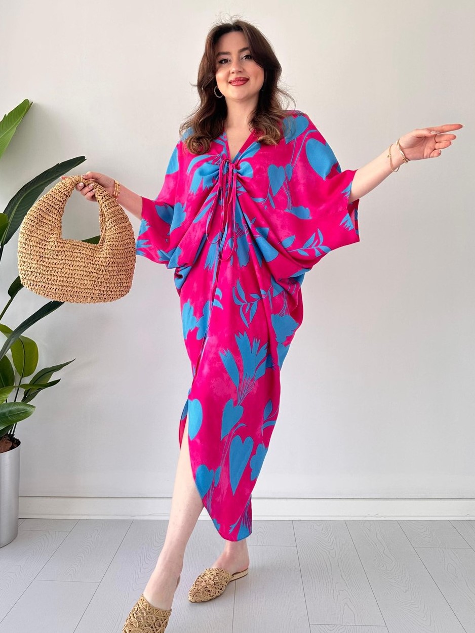 Flowy Tie Front Batwing Sleeve Printed Midi Dress (Buy 2 Free Shipping)