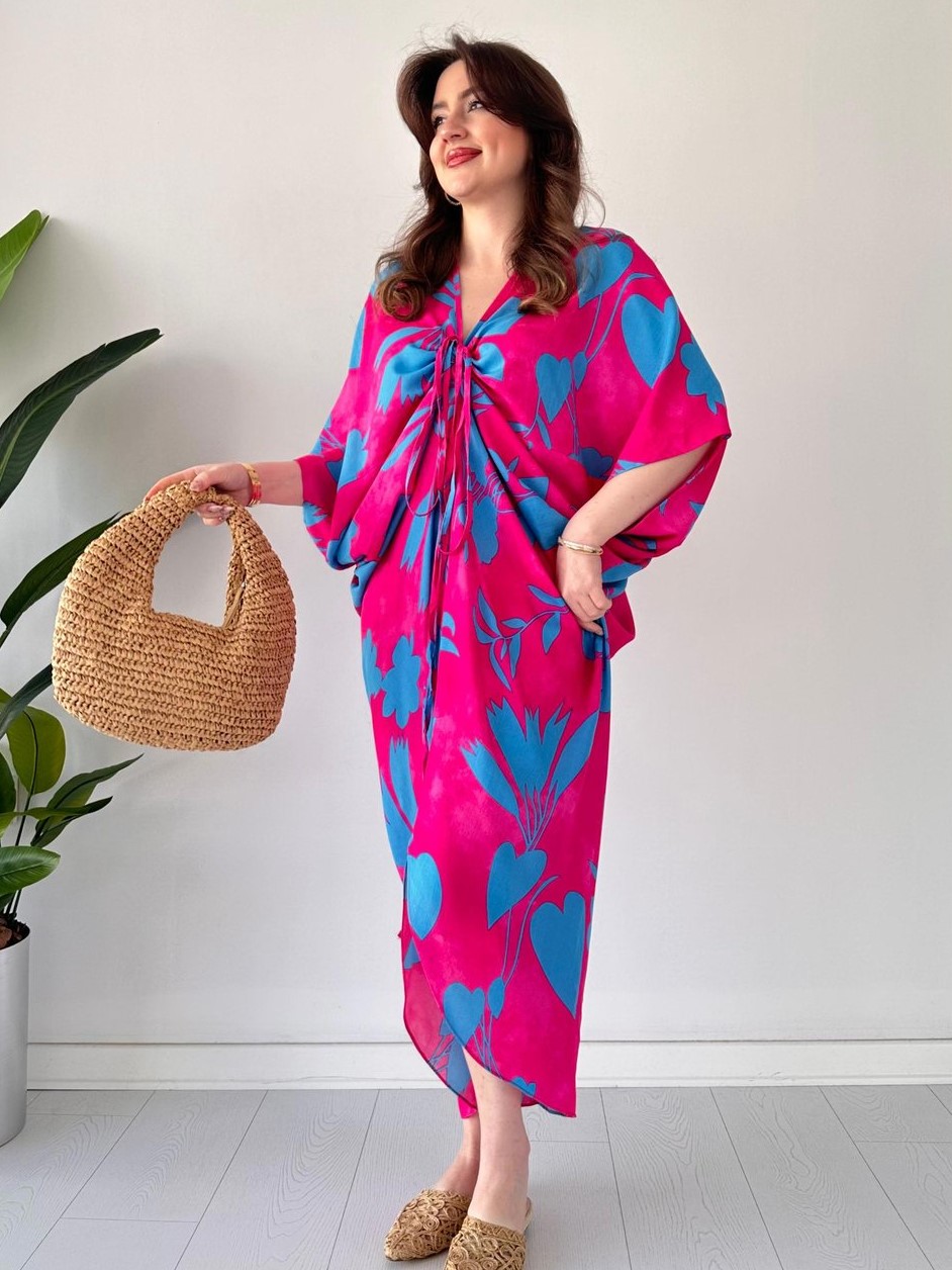 Flowy Tie Front Batwing Sleeve Printed Midi Dress (Buy 2 Free Shipping)