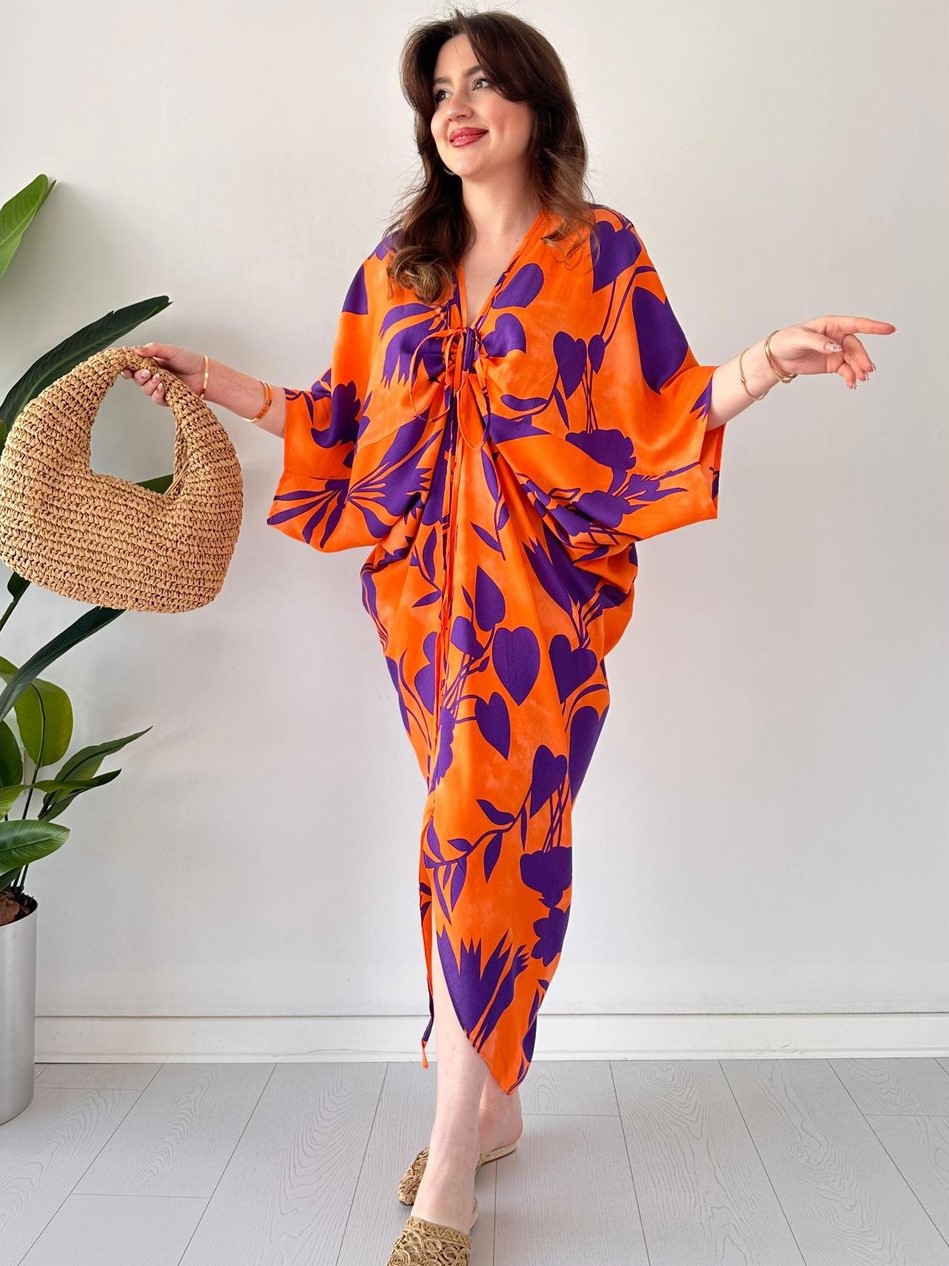 Flowy Tie Front Batwing Sleeve Printed Midi Dress (Buy 2 Free Shipping)