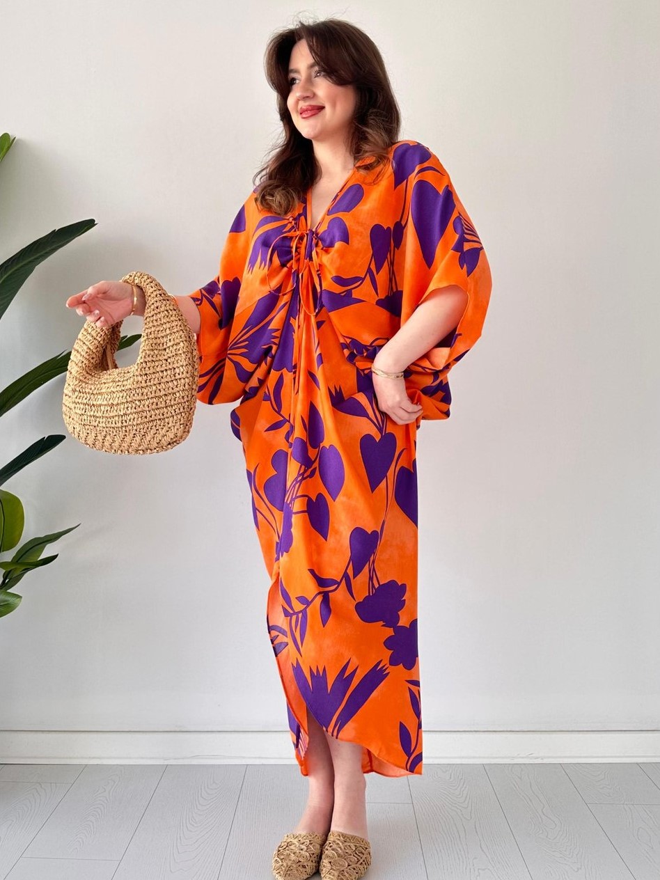 Flowy Tie Front Batwing Sleeve Printed Midi Dress (Buy 2 Free Shipping)