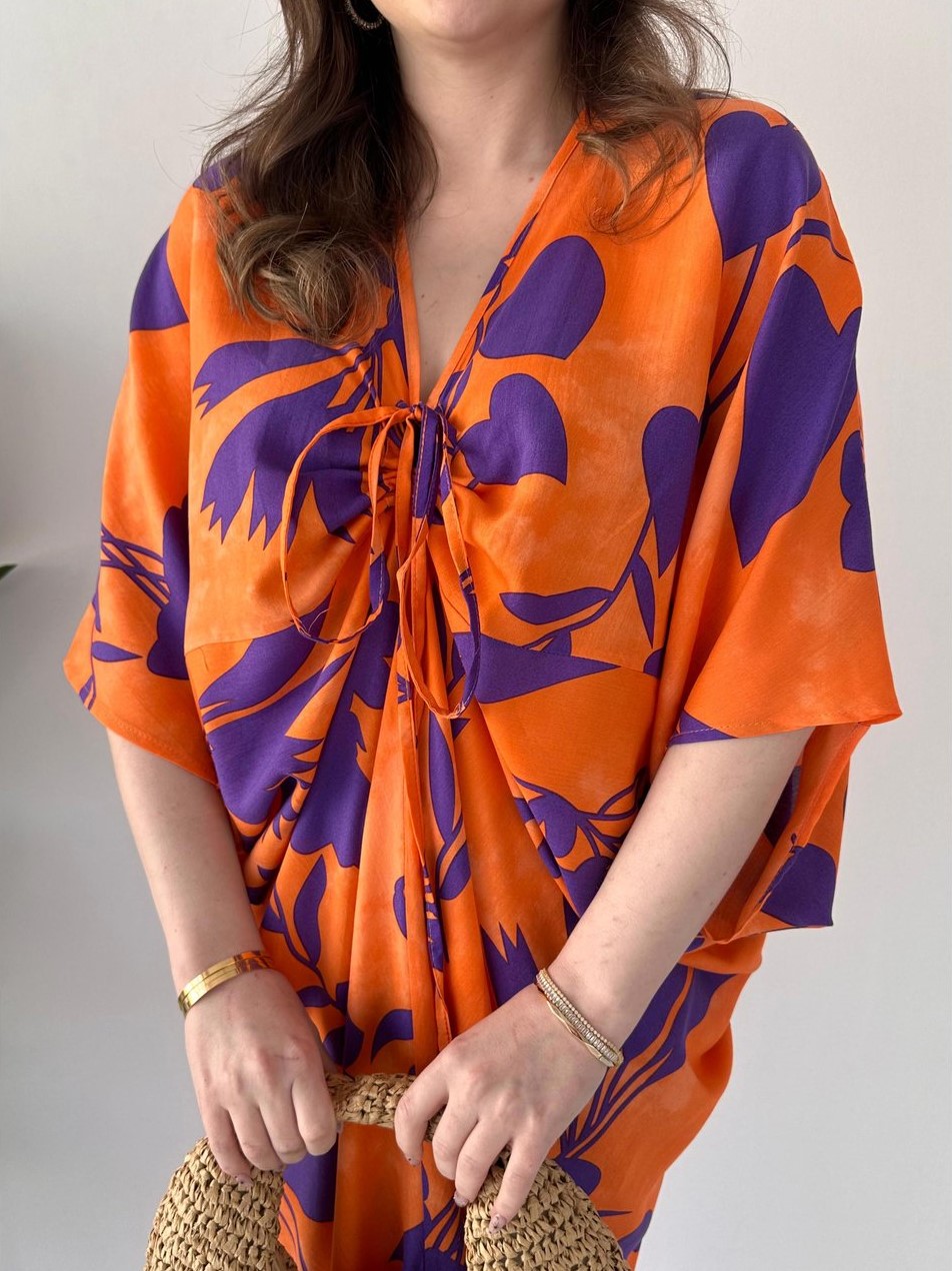 Flowy Tie Front Batwing Sleeve Printed Midi Dress (Buy 2 Free Shipping)