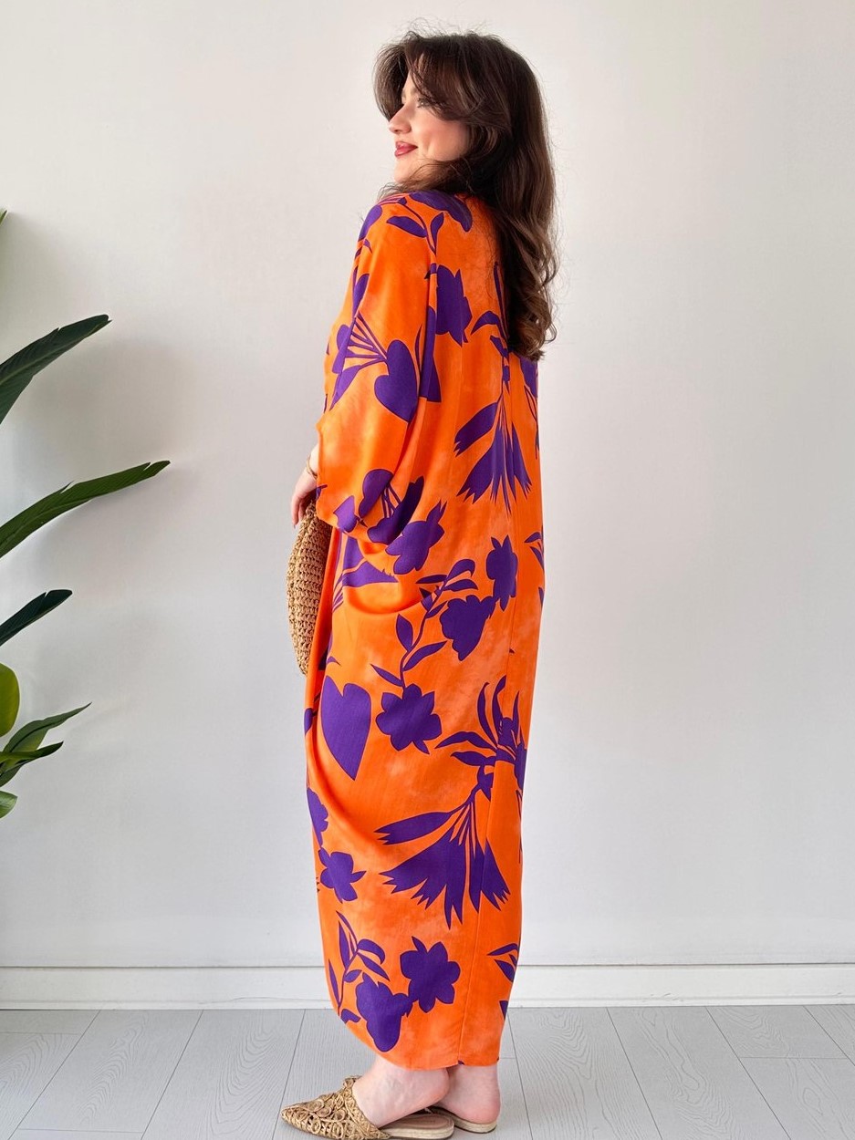 Flowy Tie Front Batwing Sleeve Printed Midi Dress (Buy 2 Free Shipping)