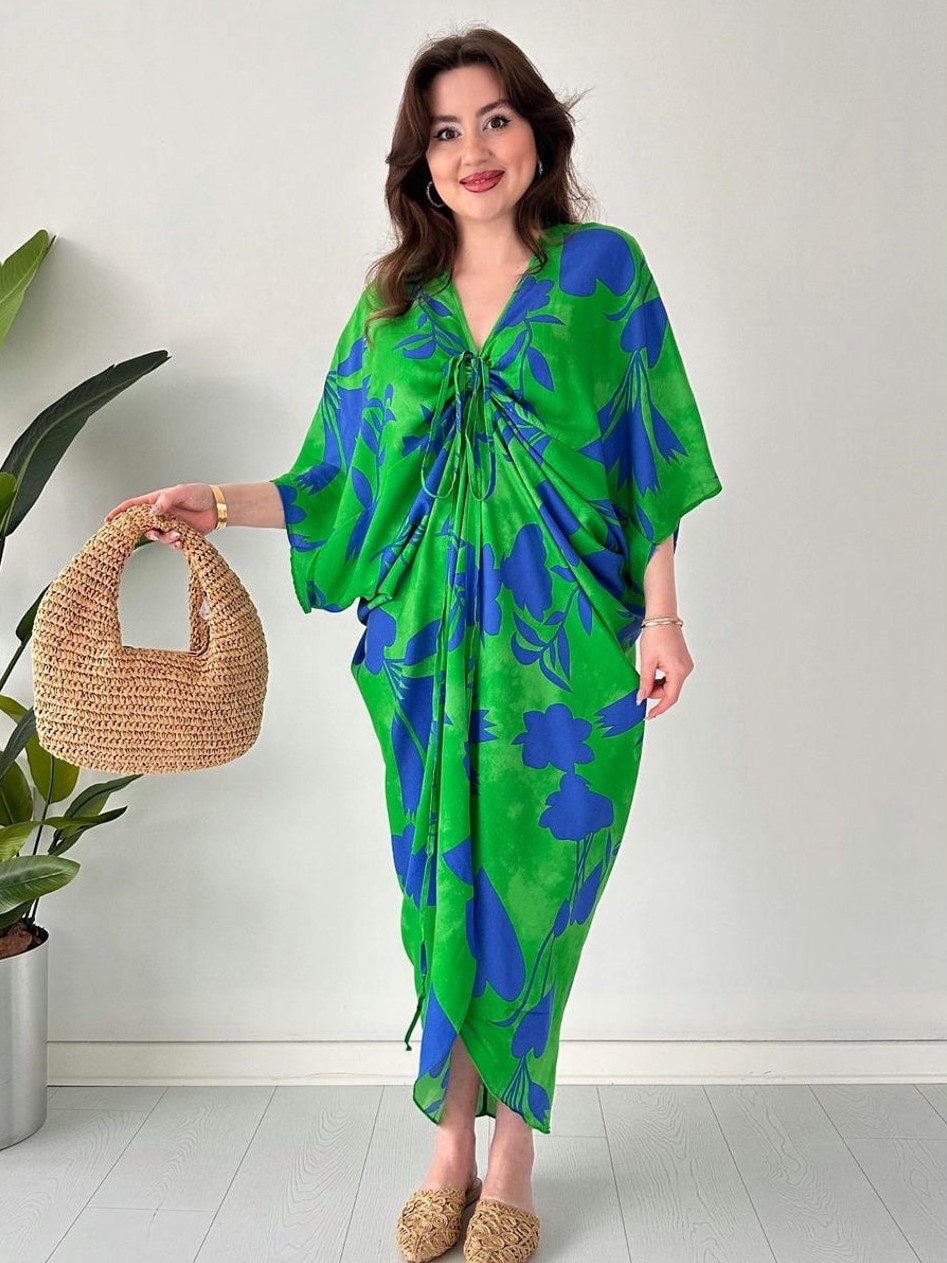 Flowy Tie Front Batwing Sleeve Printed Midi Dress (Buy 2 Free Shipping)