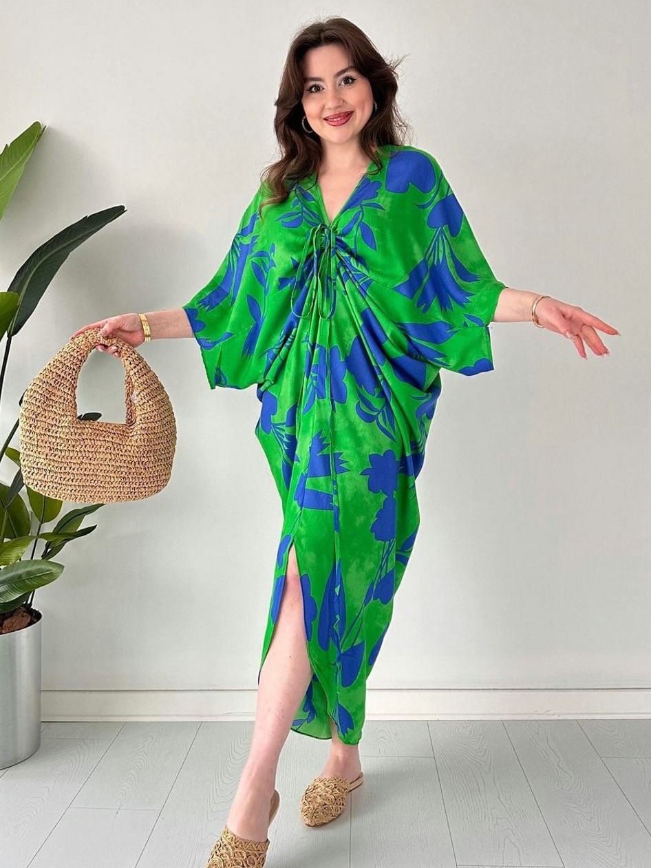 Flowy Tie Front Batwing Sleeve Printed Midi Dress (Buy 2 Free Shipping)