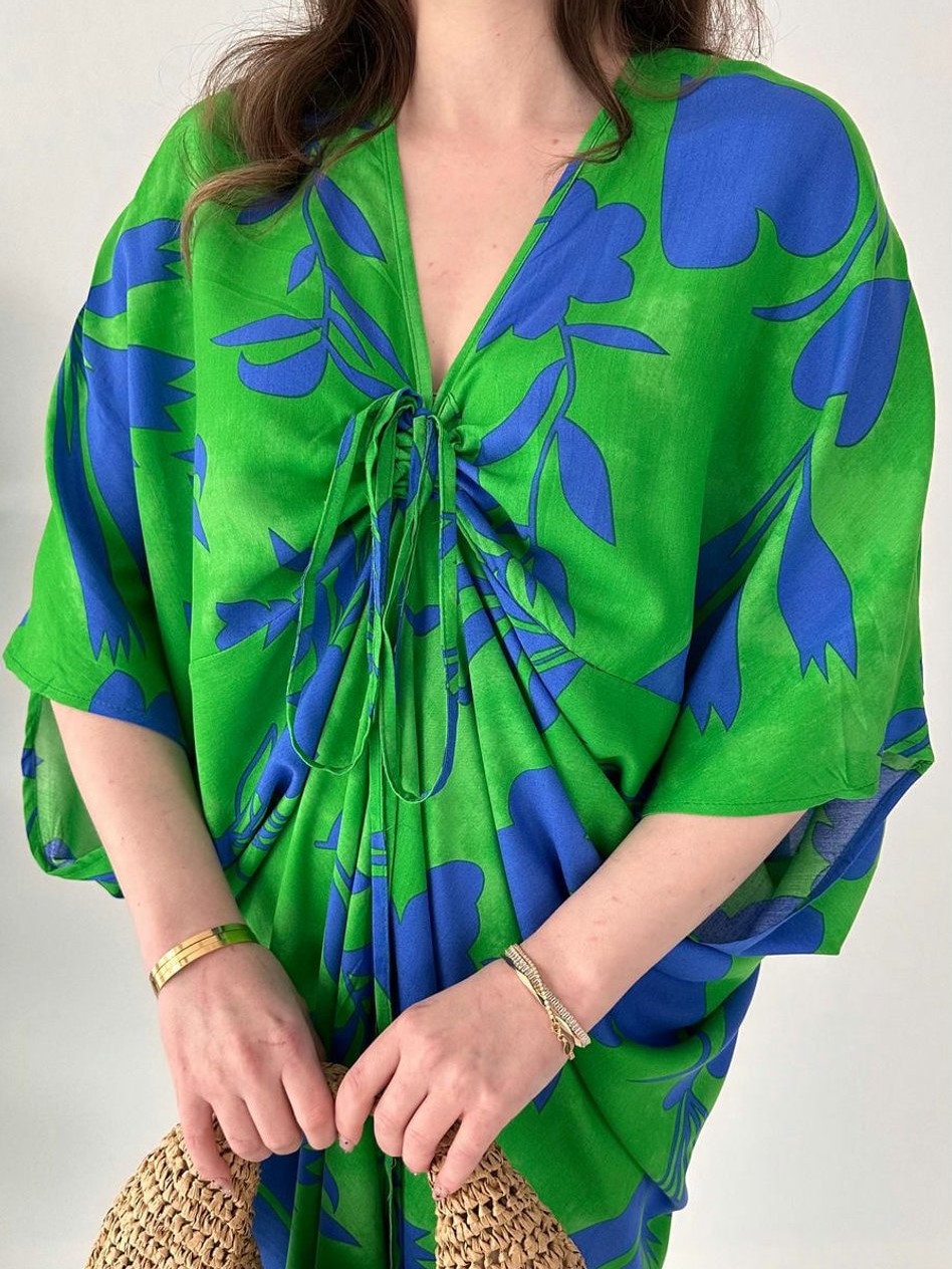 Flowy Tie Front Batwing Sleeve Printed Midi Dress (Buy 2 Free Shipping)