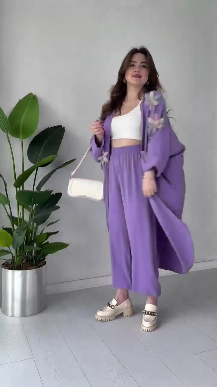 Crafted Floral Cardigan And Trousers Suit (Buy 2 Free Shipping)