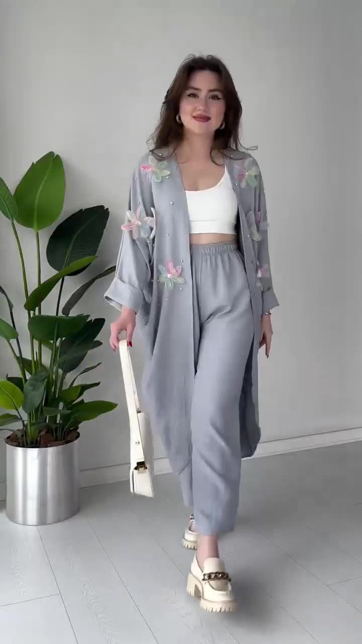 Crafted Floral Cardigan And Trousers Suit (Buy 2 Free Shipping)