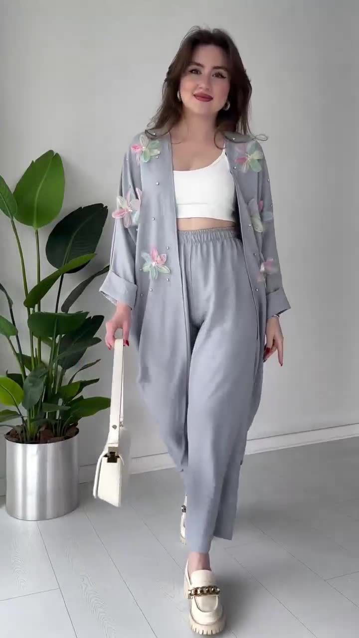 Crafted Floral Cardigan And Trousers Suit (Buy 2 Free Shipping)