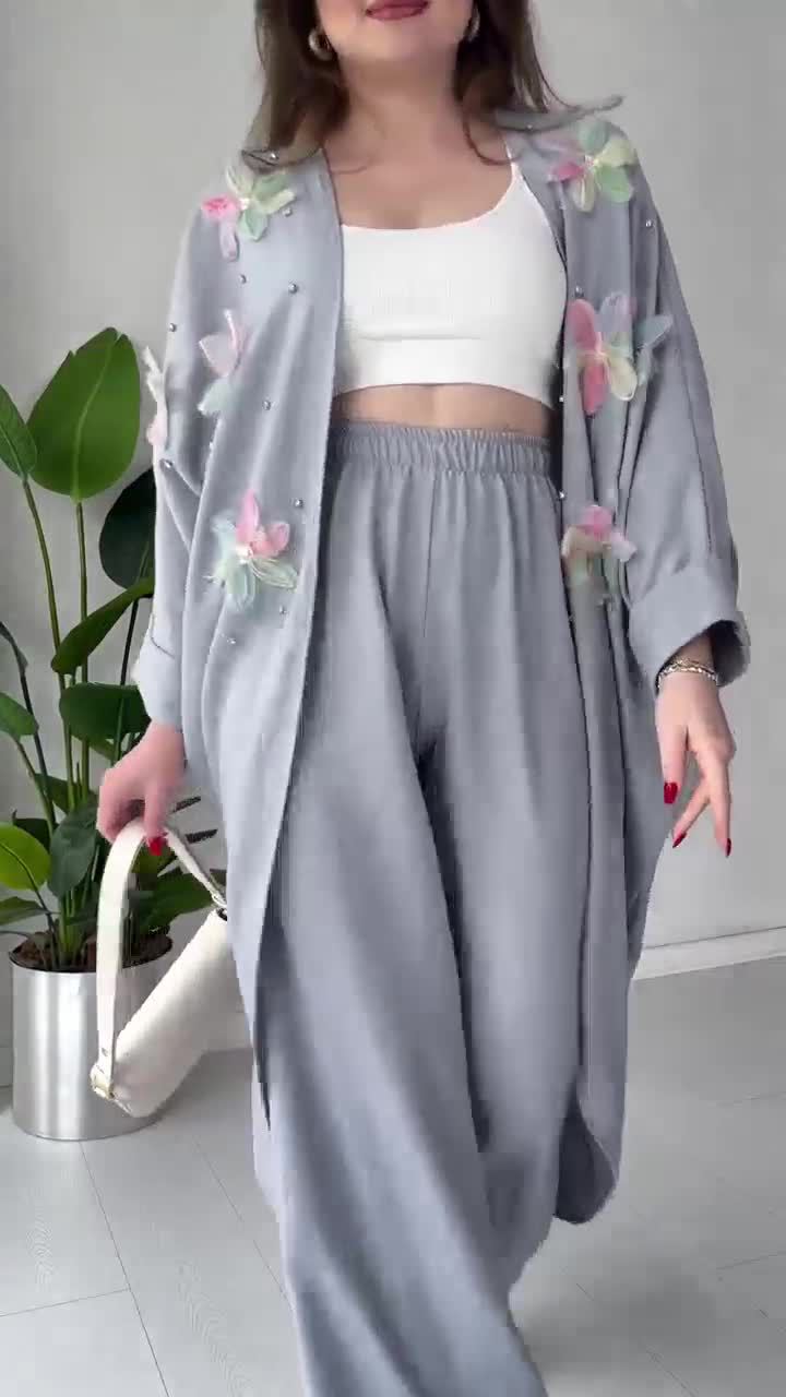 Crafted Floral Cardigan And Trousers Suit (Buy 2 Free Shipping)
