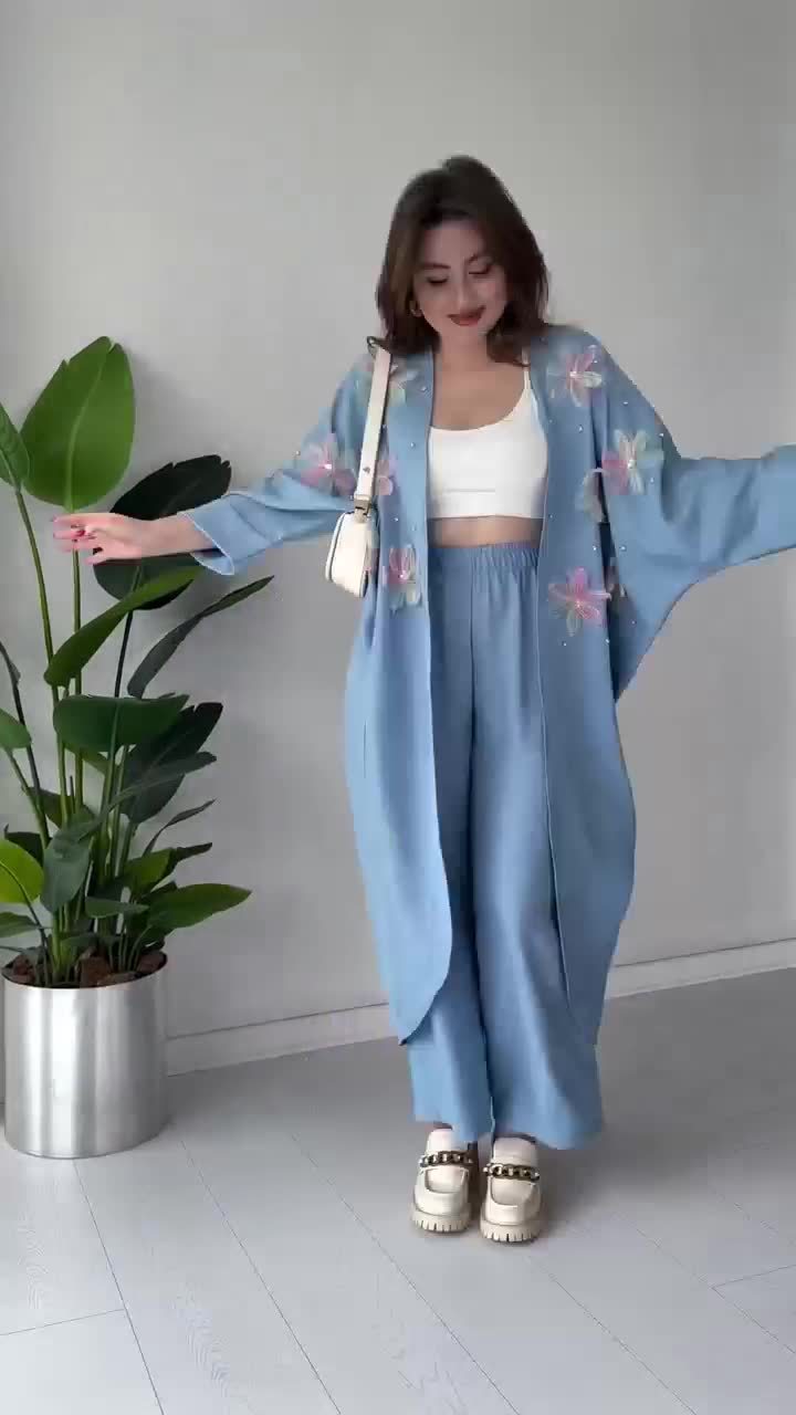 Crafted Floral Cardigan And Trousers Suit (Buy 2 Free Shipping)