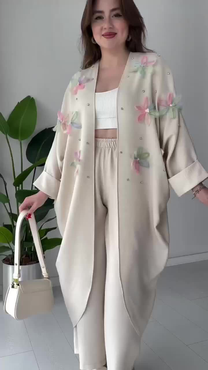 Crafted Floral Cardigan And Trousers Suit (Buy 2 Free Shipping)