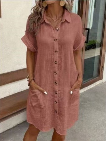 Relaxed Crinkle Button-Down Shirt Dress with Pockets (Buy 2 Free Shipping)