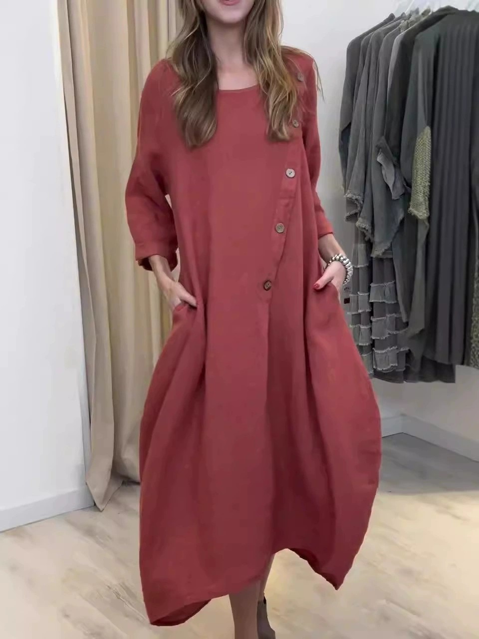 Loose Linen Cotton Asymmetric Button Dress (Buy 2 Free Shipping)